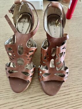Tahari Brown Leather Cutout Wedge Sandals